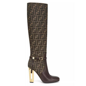 Fendi 105mm Traced Brown Leather Monogram FF Logo Motif Knee High Heel Boot 37